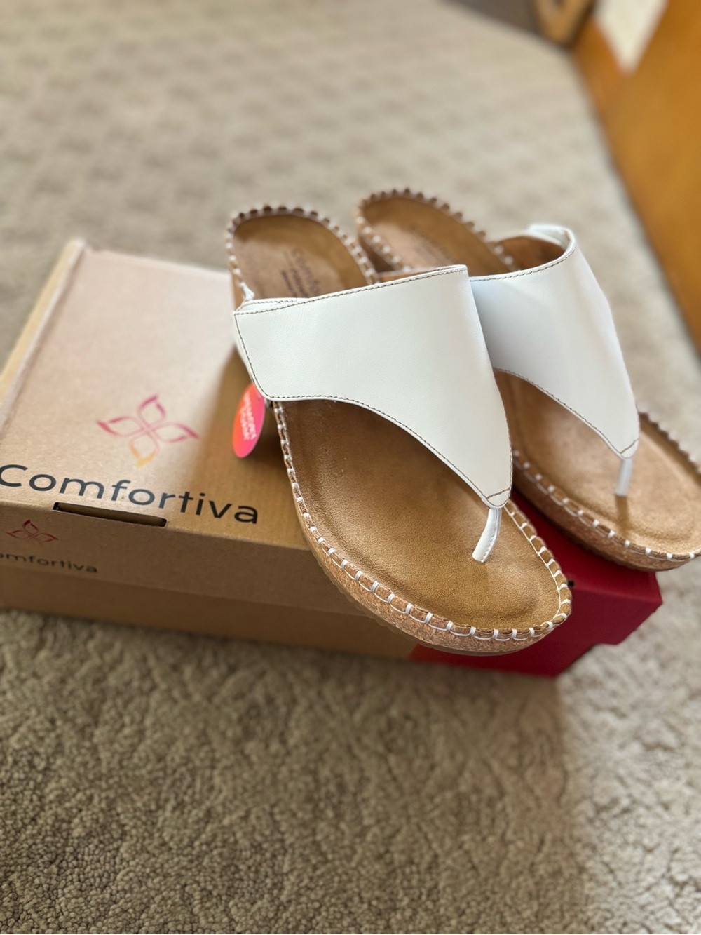 Comfortiva White Leather Slide-Thong Sandals for Women